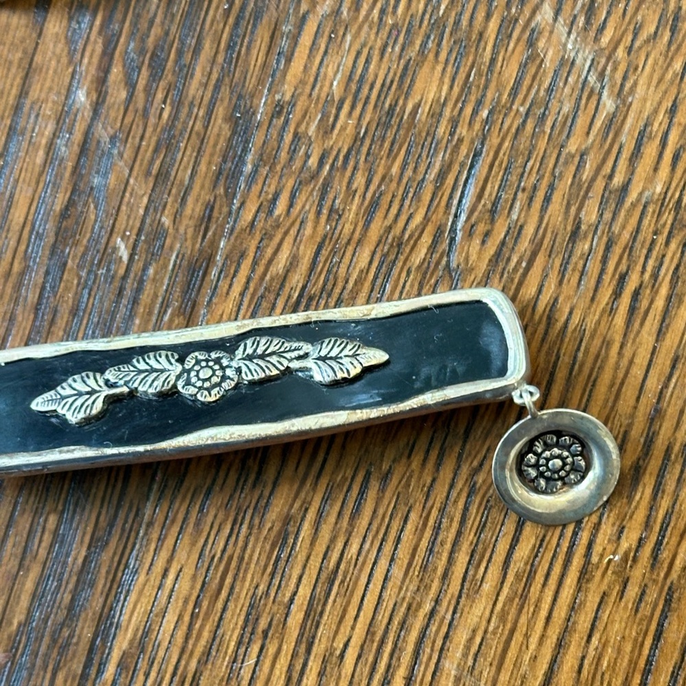 Silver-Tone Black Enamel Bar Pin with Floral Detail